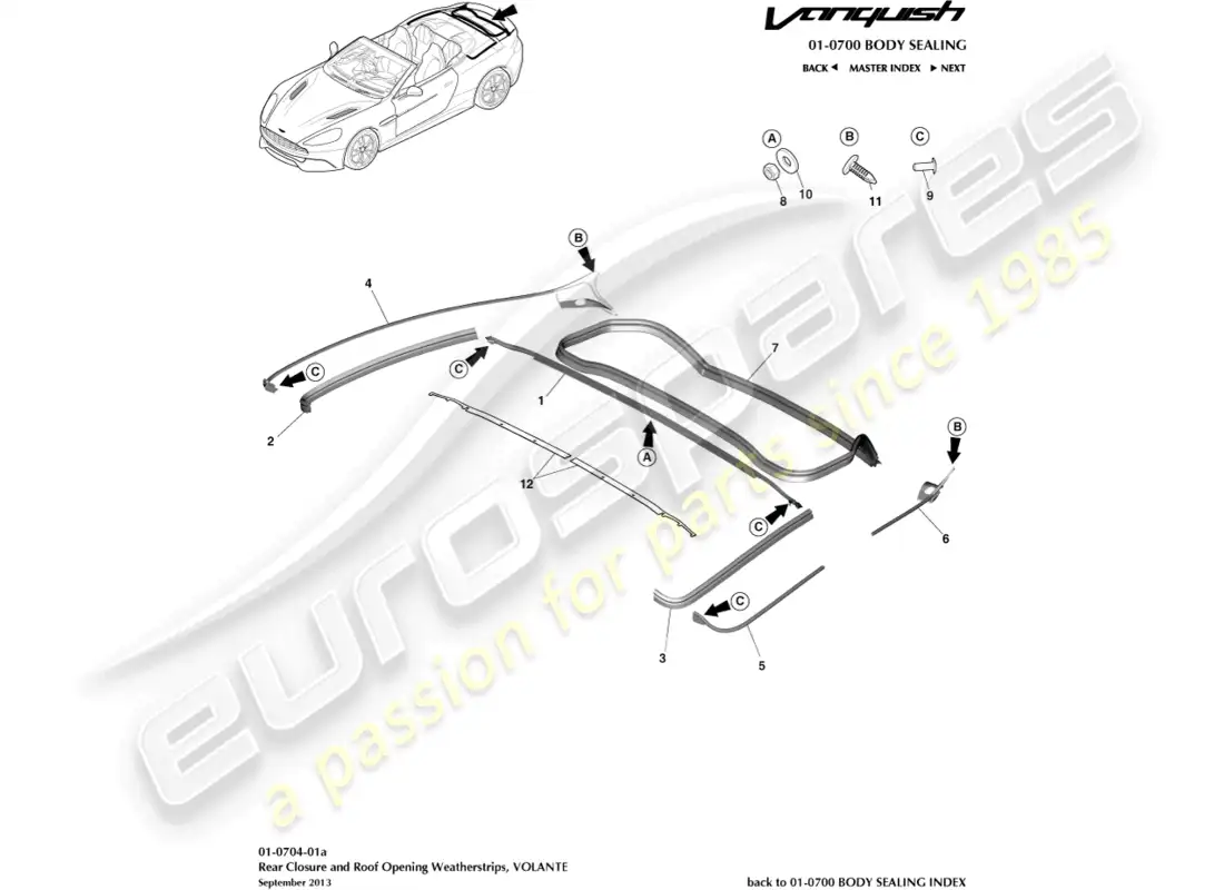 aston martin vanquish (2016) rear closure weatherstrip, volante parts diagram