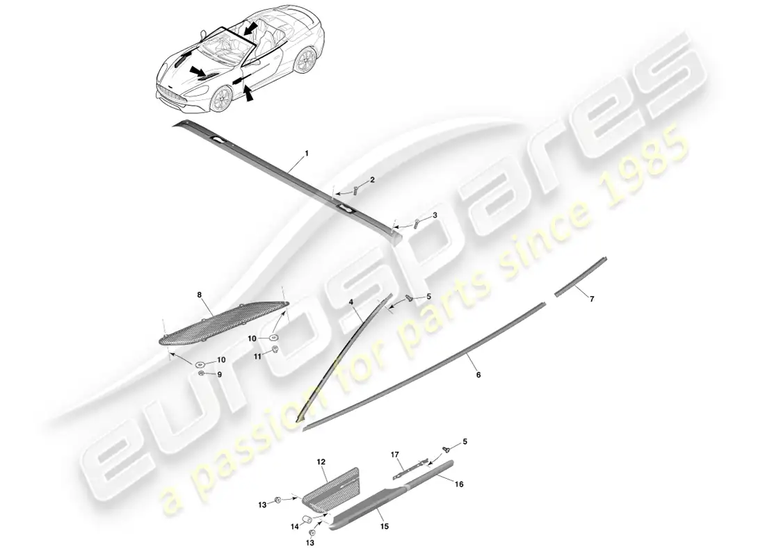 aston martin vanquish (2013) upper exterior finishers, volante parts diagram