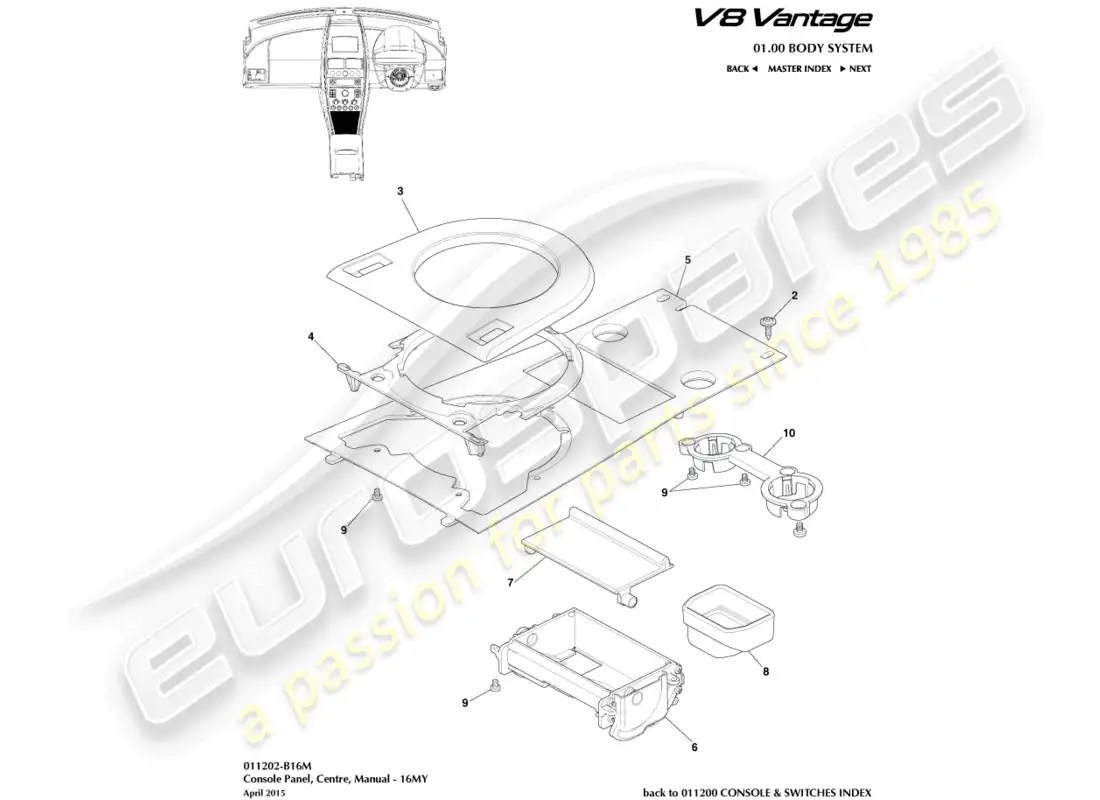 aston martin v8 vantage (2015) front console, manual, 16my part diagram