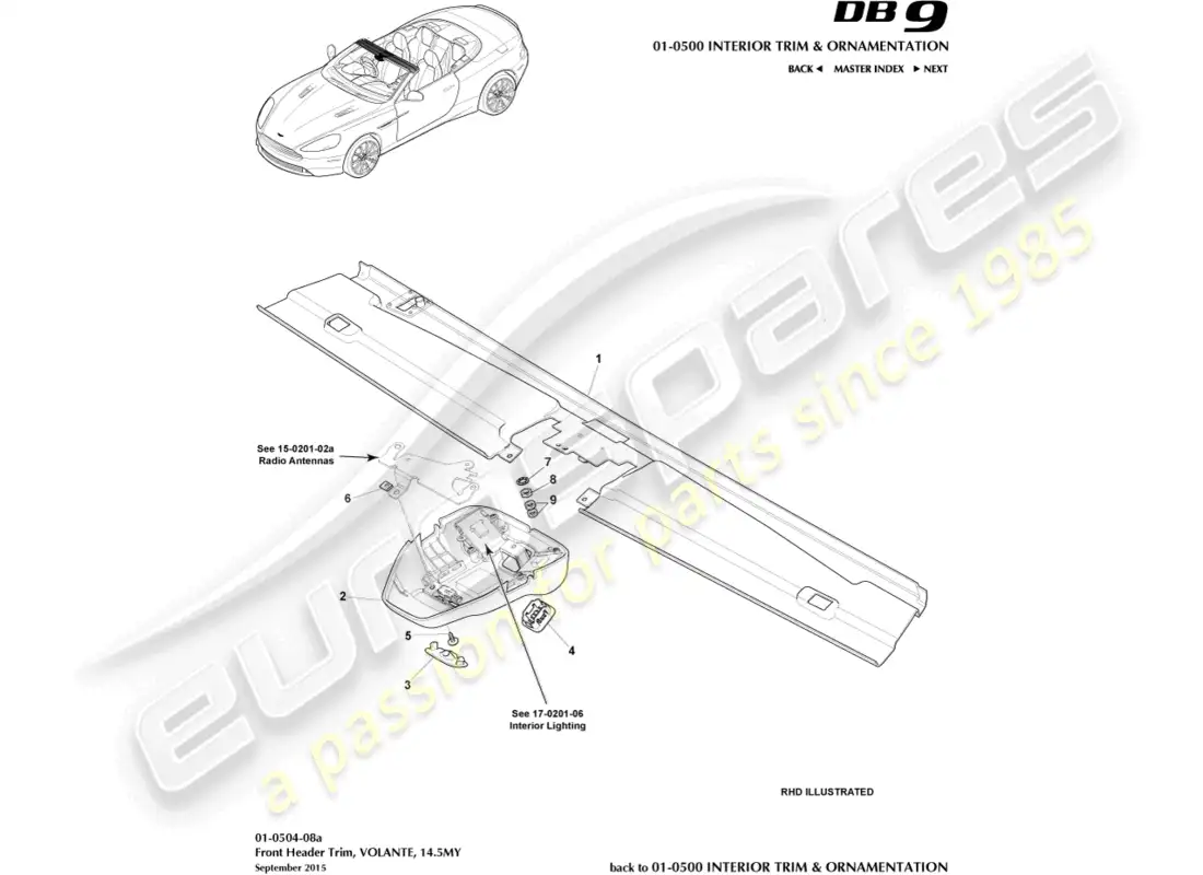 aston martin db9 (2015) front header rim, volante, 14.5my parts diagram