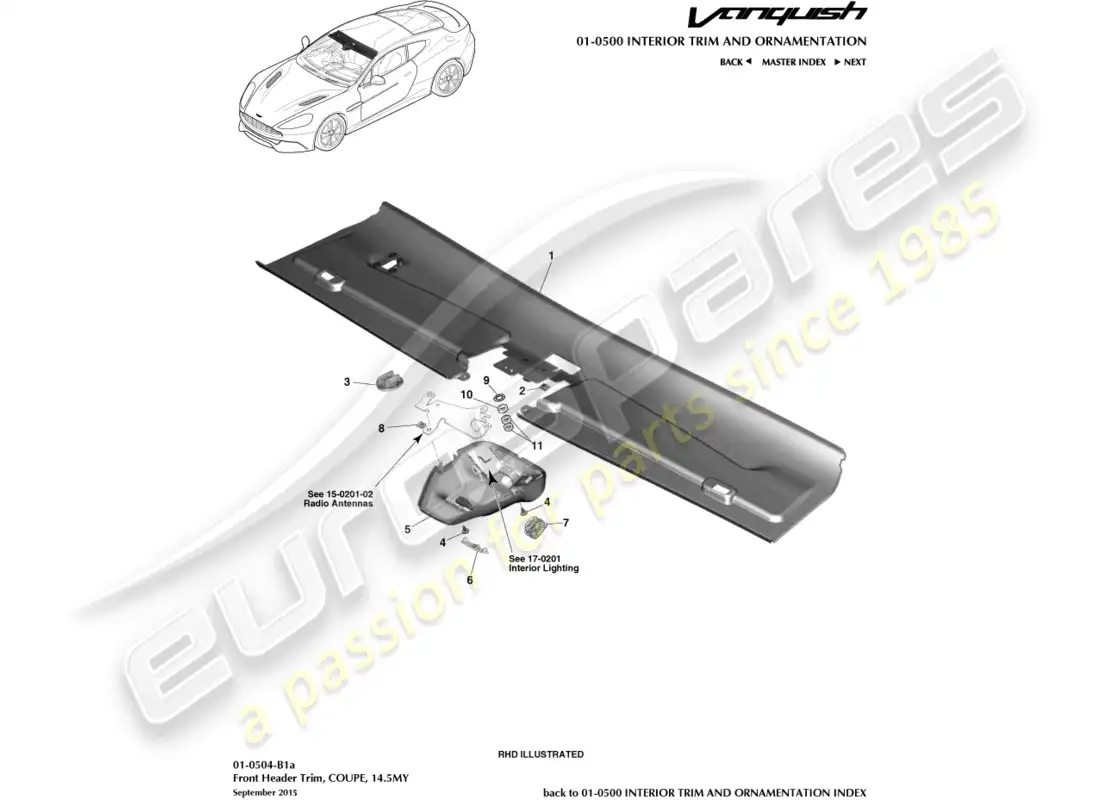 aston martin vanquish (2016) front header trim, coupe 14.5my parts diagram
