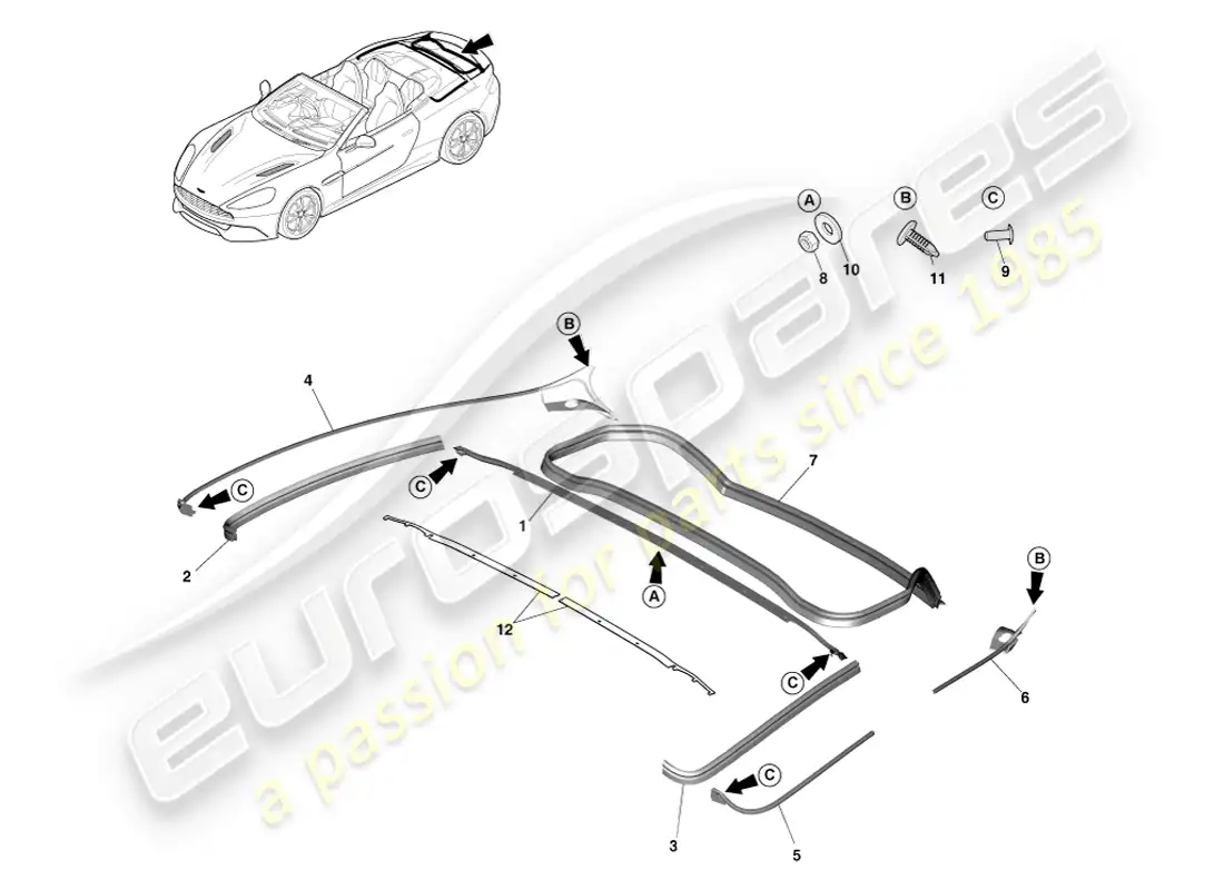 aston martin vanquish (2014) rear closure weatherstrip, volante parts diagram