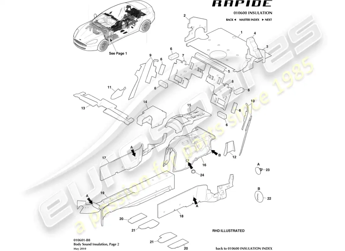aston martin rapide (2017) noise insulation, rear parts diagram