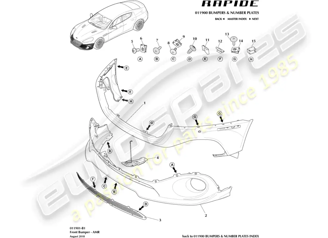 aston martin rapide (2019) front bumper, amr parts diagram