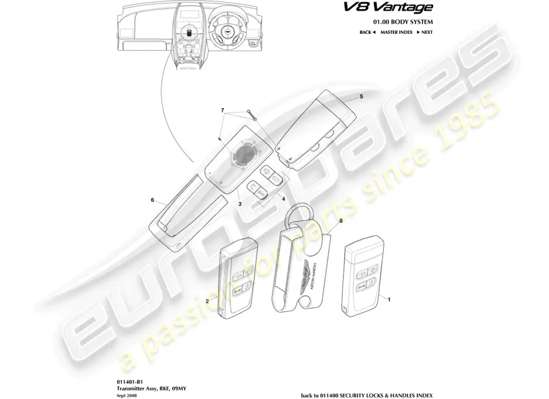 aston martin v8 vantage (2015) transmitter, rke, 09my part diagram