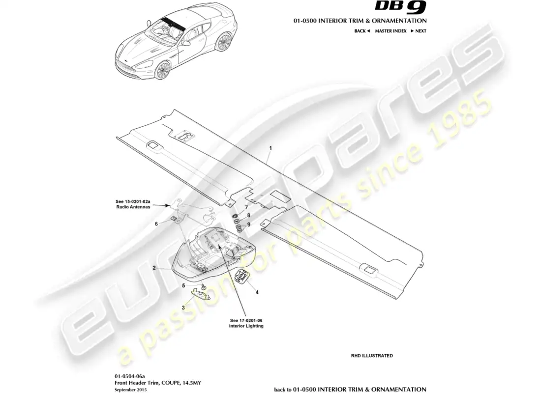 aston martin db9 (2015) front header trim, coupe, 14.5my parts diagram