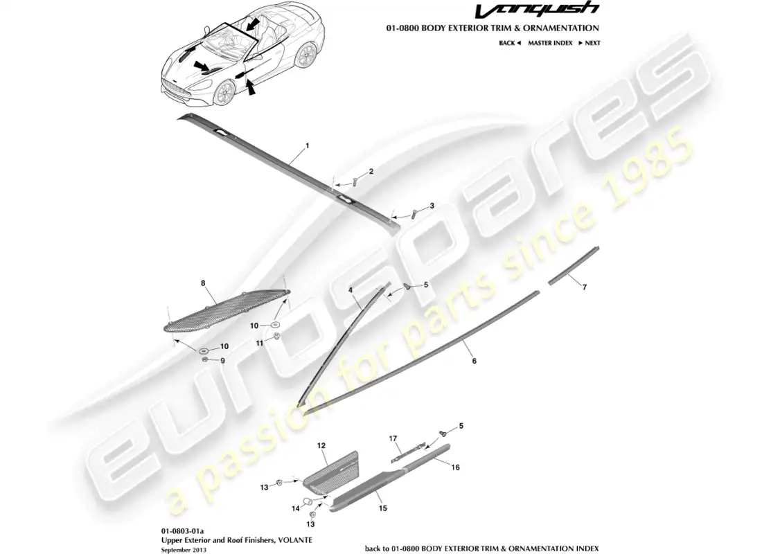 aston martin vanquish (2016) upper exterior finishers, volante parts diagram