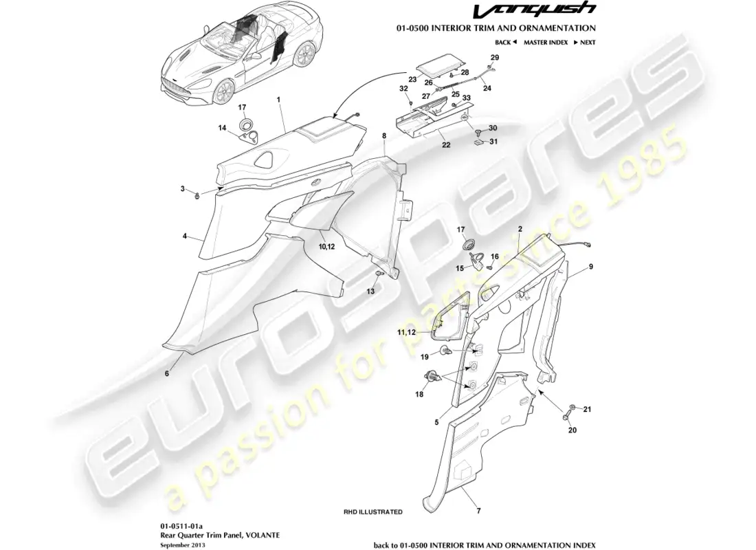 aston martin vanquish (2016) rear quarter trim panel, volante parts diagram