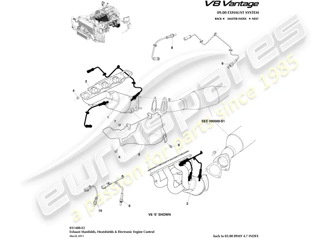 aston martin v8 vantage (2015) exhaust manifolds part diagram