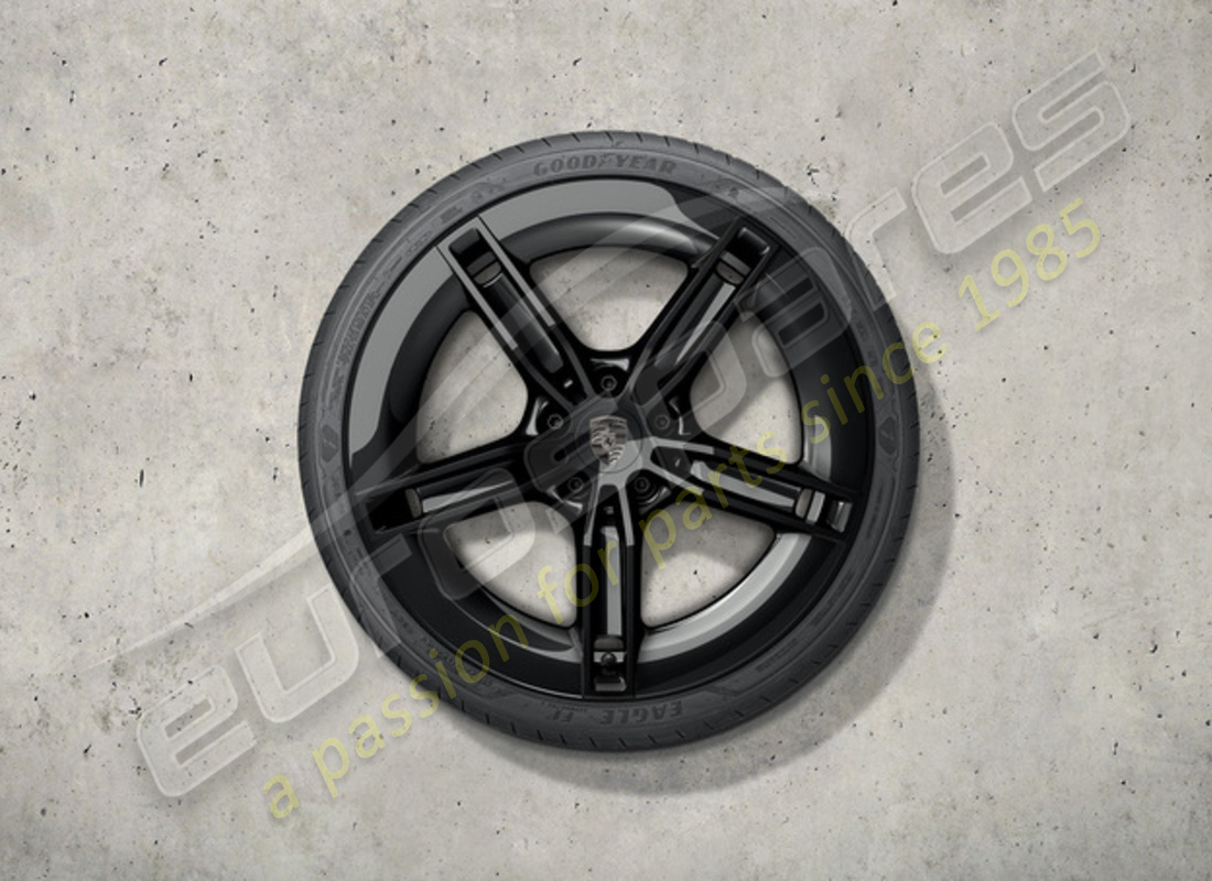 new porsche 21-inch mission e design summer wheel and tyre set - painted in black (high-gloss). part number 9j1073663kb (1)