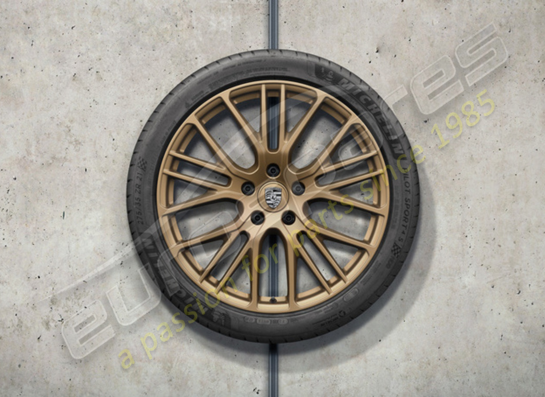 new porsche 21-inch exclusive design sport summer wheel and tyre set - painted in aurum (satin-gloss). part number 971044665r (1)