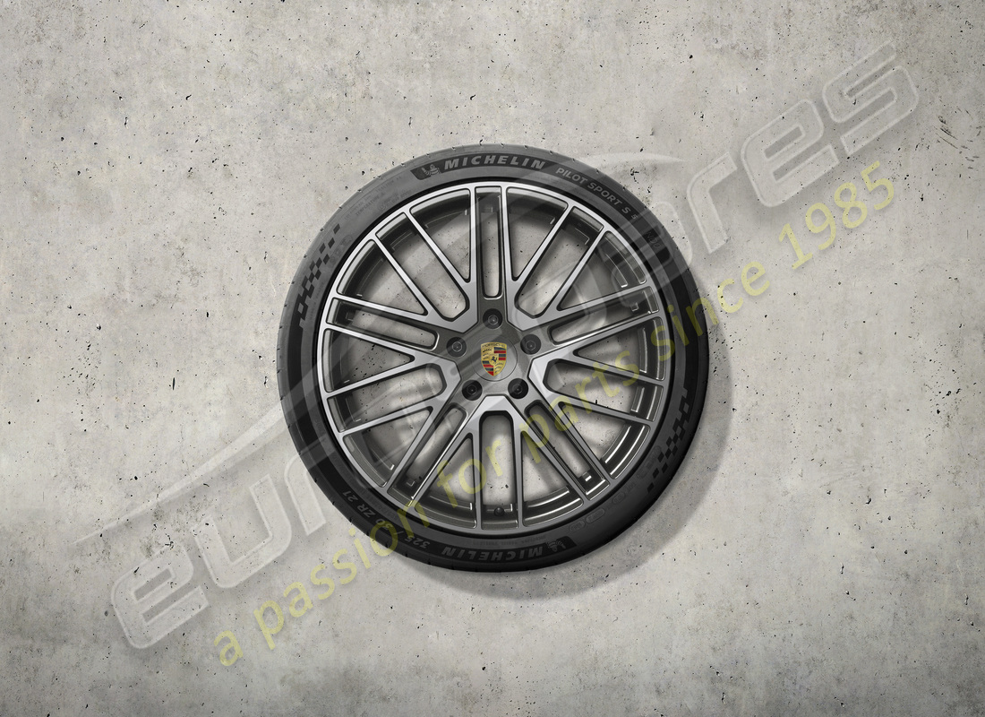 new porsche 21-inch turbo design summer wheel and tyre set - titanium colour. part number 976044660k (2)