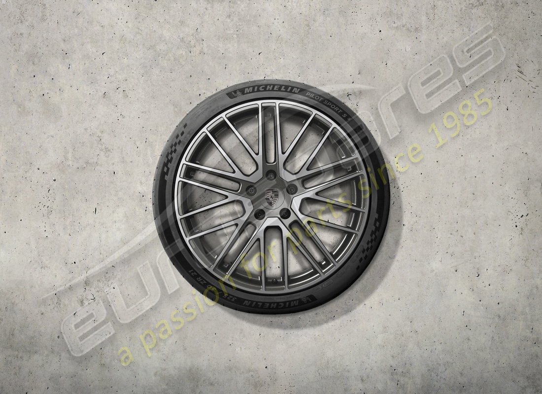 new porsche 21-inch turbo design summer wheel and tyre set - titanium colour. part number 976044660k (1)