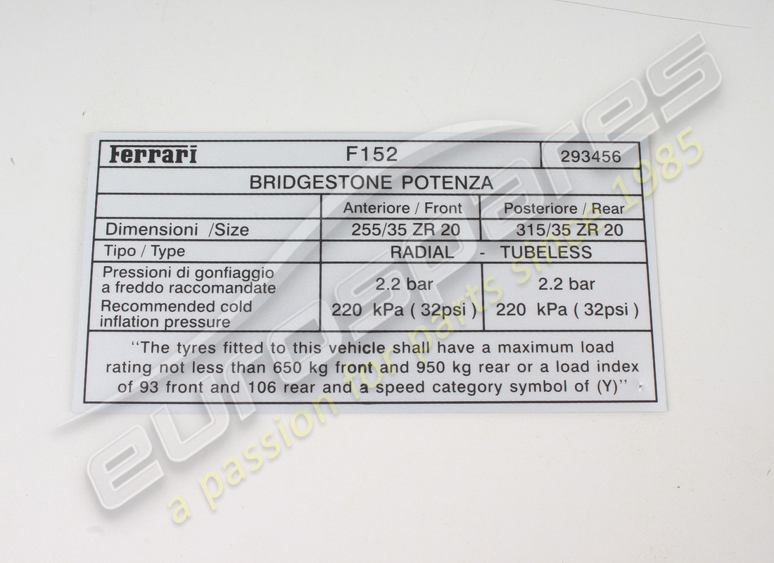 new ferrari tyre pressure label, bridg.. part number 293456 (1)