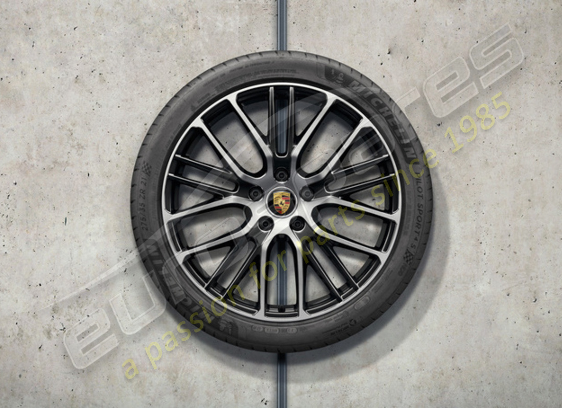 new porsche 21 inch exclusive design sport summer wheel and tyre set - painted in black (high-gloss). part number 971044665s (1)